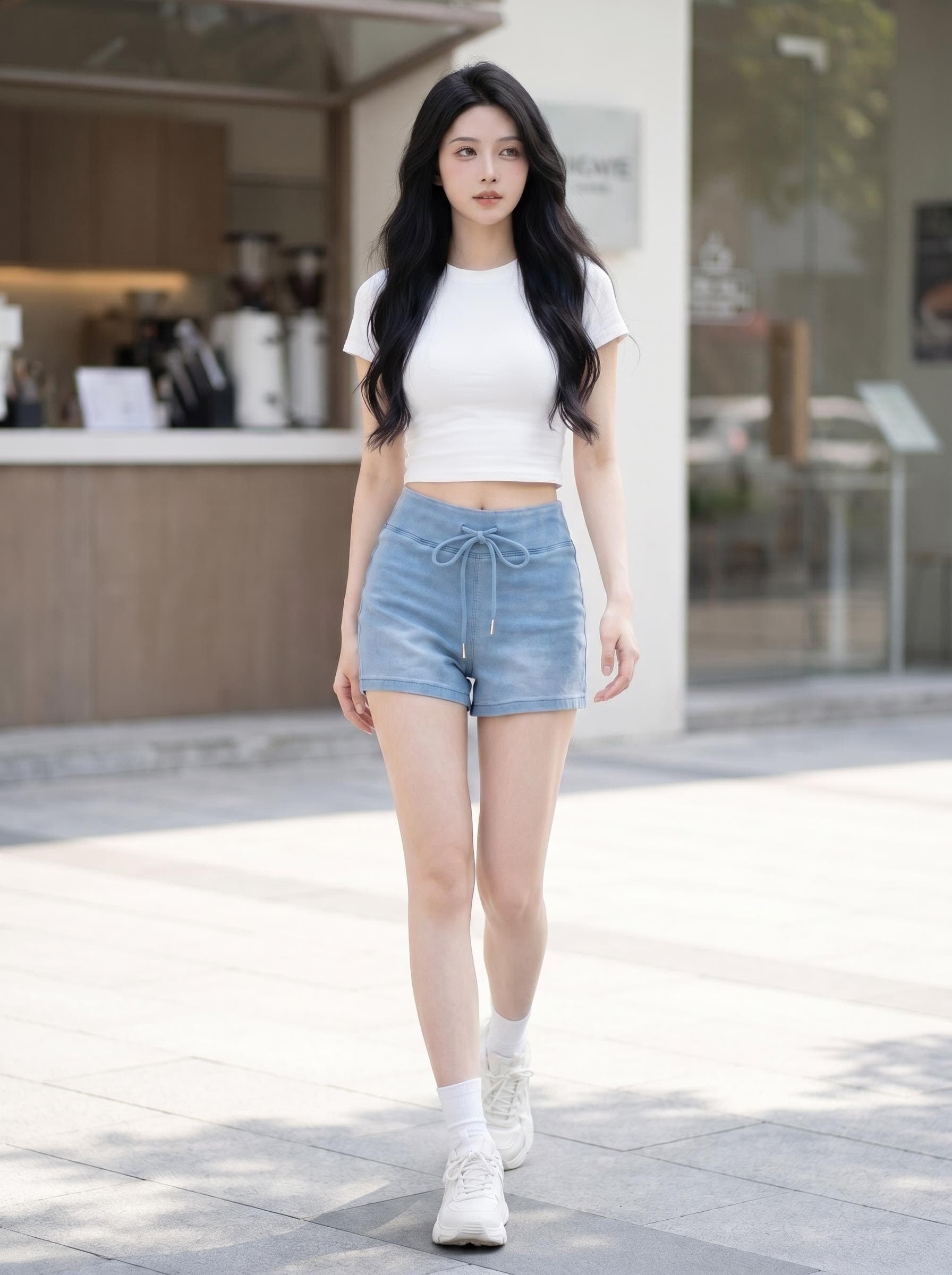 펭 넓적 다리 바지 모방 데님 하이웨이스트 높음 폭탄 야외 스포츠 반바지 펌프 로프 신축성 무용 요가 피트니스 반바지 상세 이미지 1