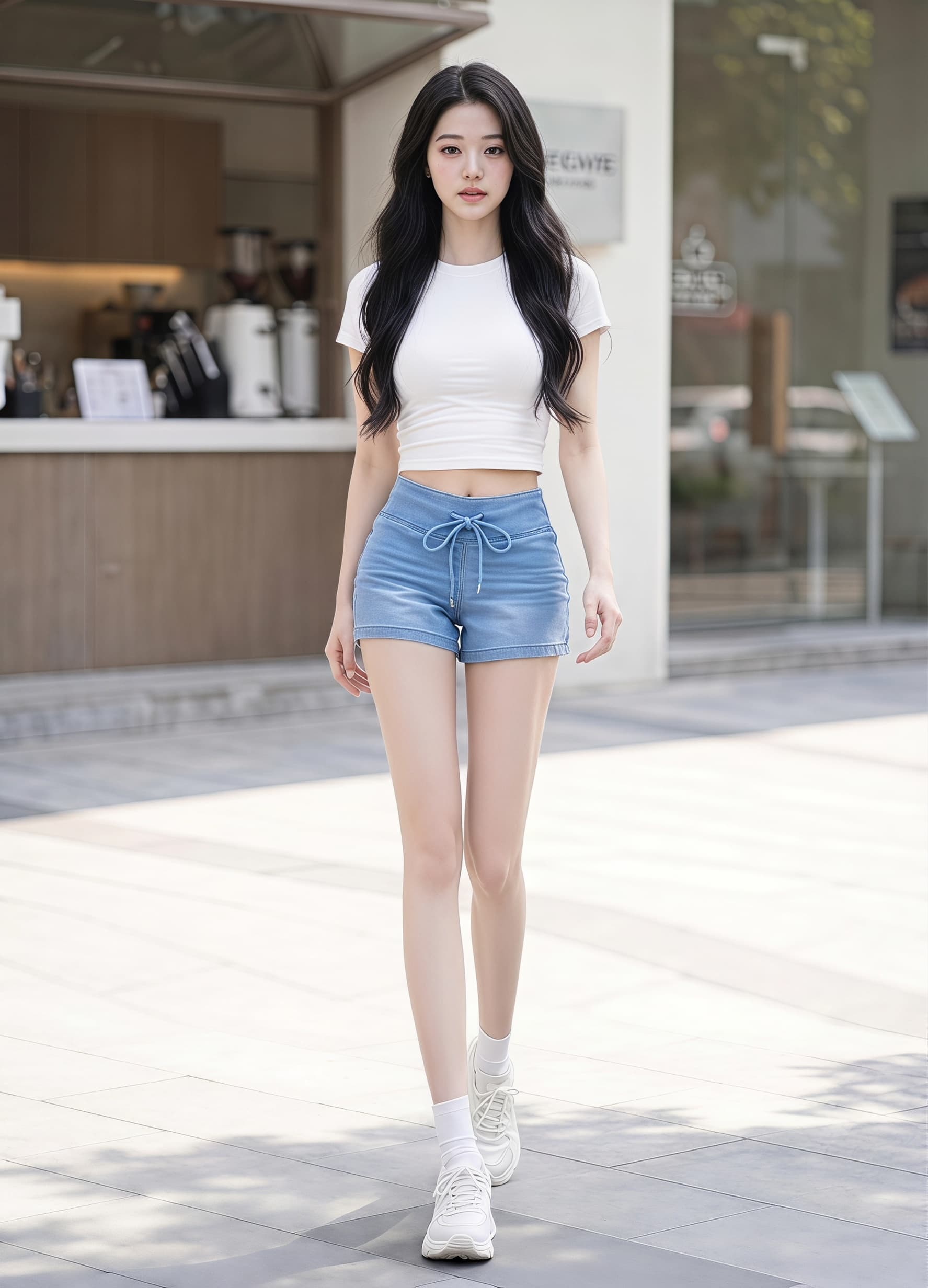 펭 넓적 다리 바지 모방 데님 하이웨이스트 높음 폭탄 야외 스포츠 반바지 펌프 로프 신축성 무용 요가 피트니스 반바지 상세 이미지 7