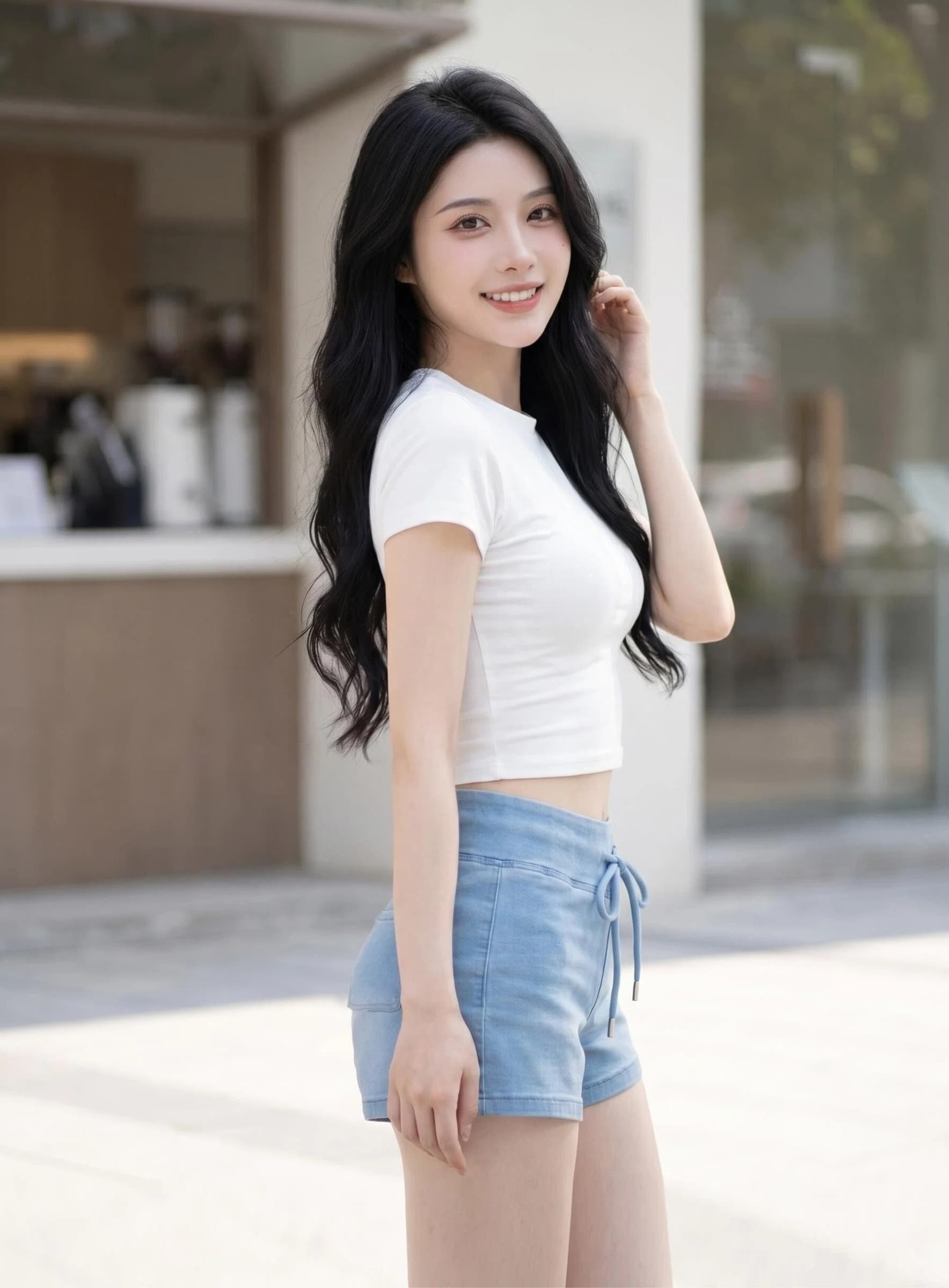 펭 넓적 다리 바지 모방 데님 하이웨이스트 높음 폭탄 야외 스포츠 반바지 펌프 로프 신축성 무용 요가 피트니스 반바지 상세 이미지 8