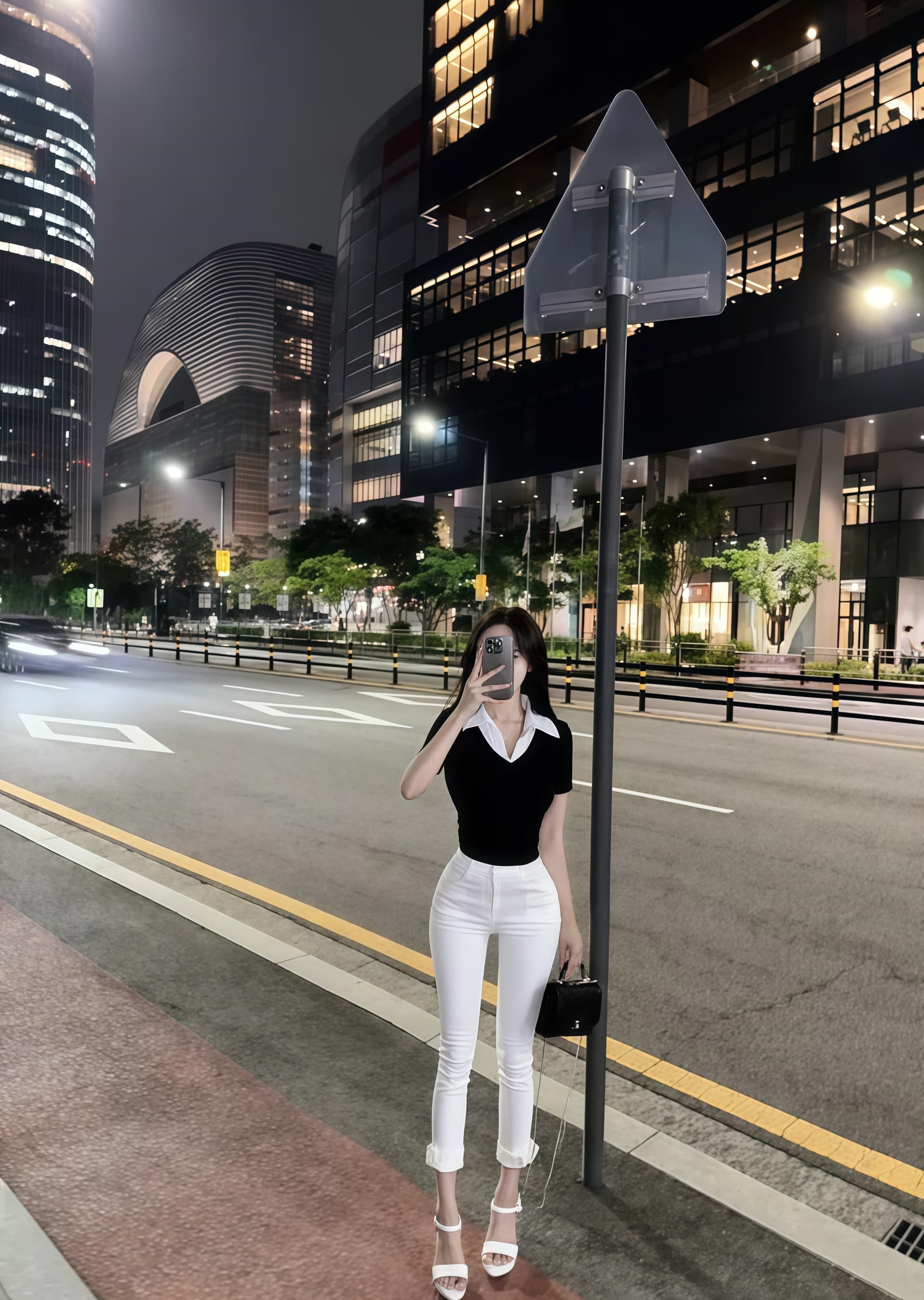 펭 넓적 다리 바지 하이웨이스트 신축성 여성 측면 트임 9부 바지 타이트 슬림해 보이는 캐주얼 바지 청바지 상세 이미지 1