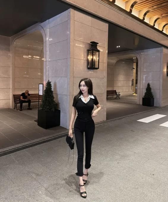 펭 넓적 다리 바지 하이웨이스트 신축성 여성 측면 트임 9부 바지 타이트 슬림해 보이는 캐주얼 바지 청바지 상세 이미지 14