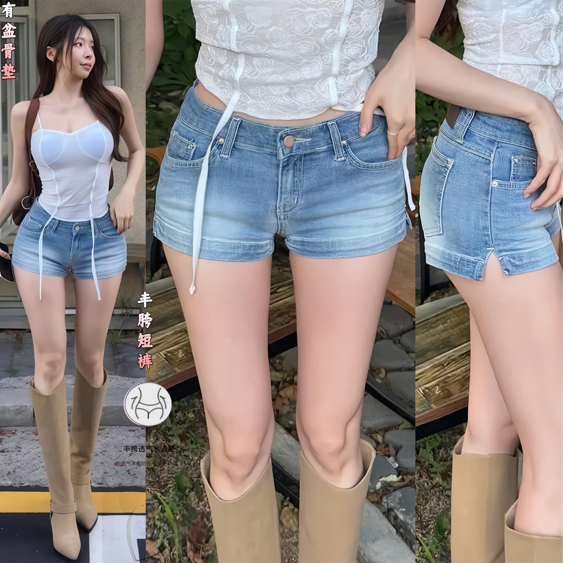 펭 넓적 다리 바지 한국 스타일 여름 새로운 워싱 연삭 화이트 로우 웨이스트 슬림해 보이는 데님 반바지