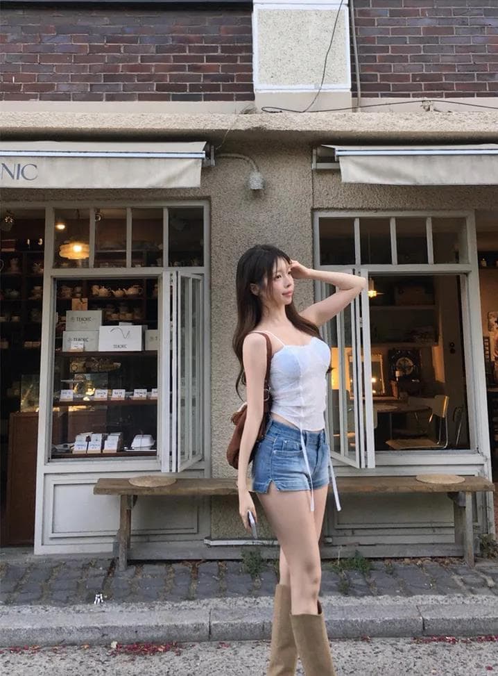 펭 넓적 다리 바지 한국 스타일 여름 새로운 워싱 연삭 화이트 로우 웨이스트 슬림해 보이는 데님 반바지 상세 이미지 4