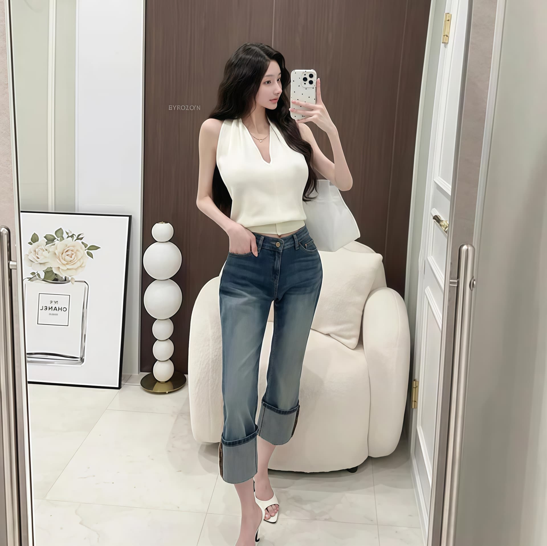 펭 넓적 다리 바지 한국 스타일 슬림해 보이는 로우 웨이스트 몸매 가꾸기 디자인 볼륨 측면 7 점 청바지 작은 키 상세 이미지 16