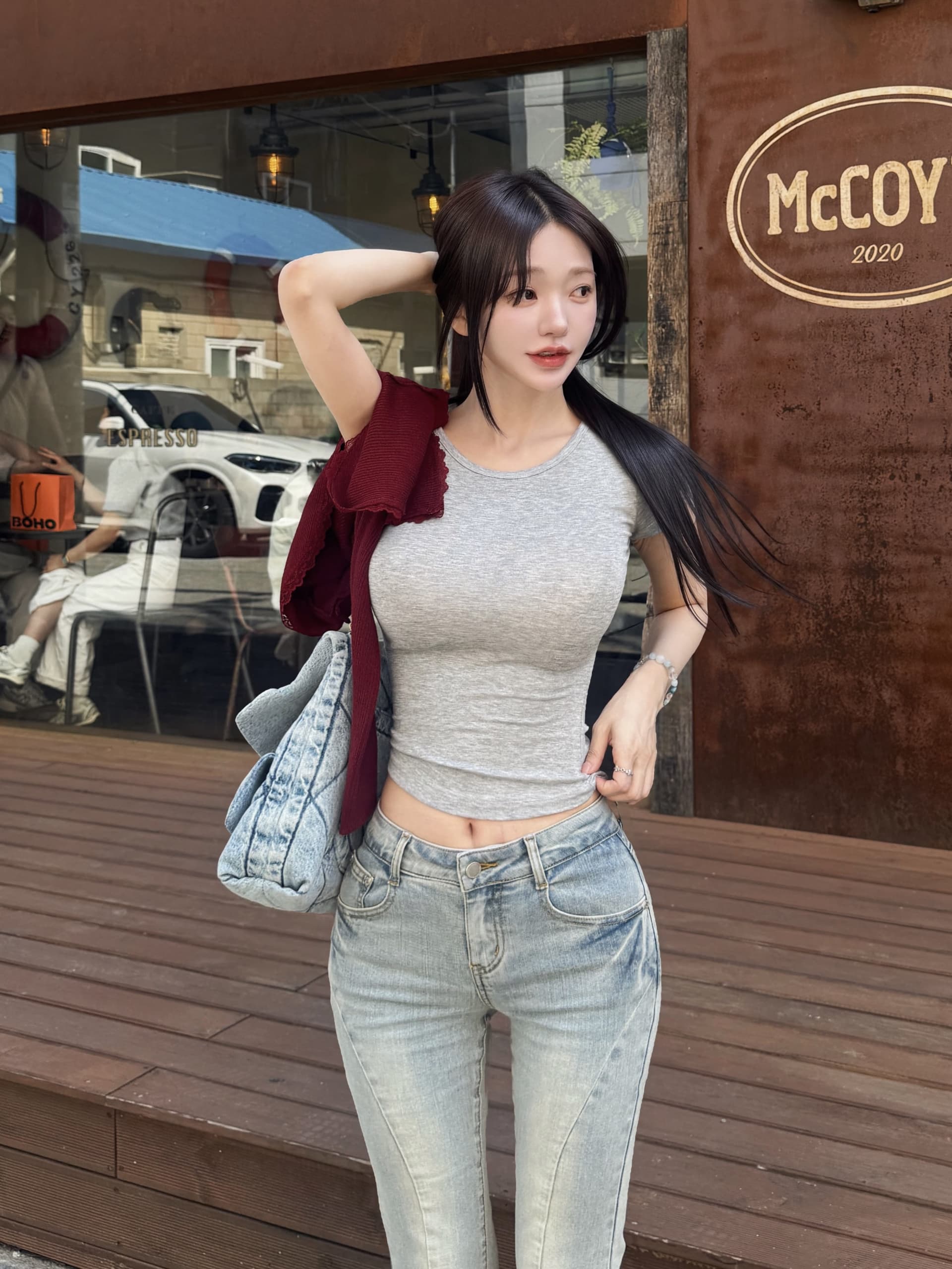 한국 스타일 아름다움 넓적 다리 신축성 부츠컷 하늘색 거친 가장자리 청바지 여성 슬림해 보이는 몸매 가꾸기 상세 이미지 22