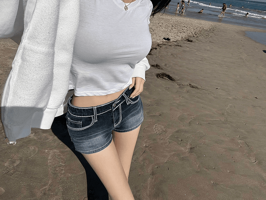아름다움 넓적 다리 바지 한국 스타일 신제품 자수 명시적 스티치 다용도 워싱 데님 반바지 이미지 2