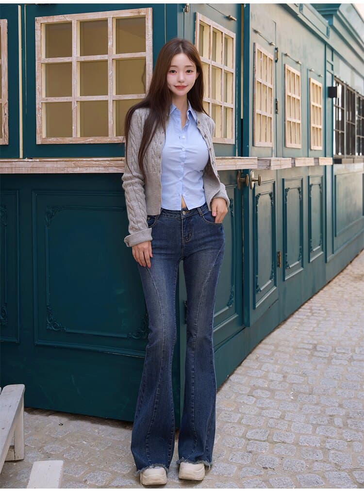한국 스타일 아름다움 넓적 다리 신축성 부츠컷 하늘색 거친 가장자리 청바지 여성 슬림해 보이는 몸매 가꾸기 상세 이미지 31