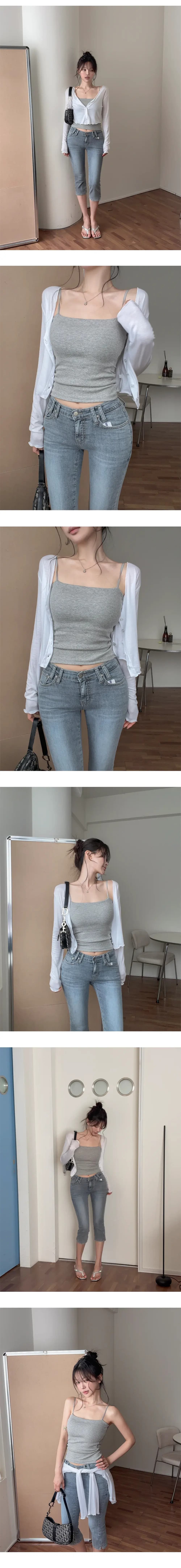 펭 넓적 다리 바지 한국 스타일 순수한 욕망 핫걸 바람 중 로우 웨이스트 타이트 레트로 데님 7부 바지 상세 이미지 2