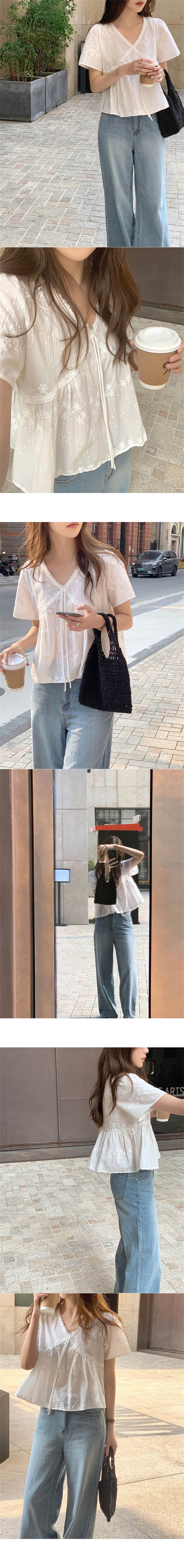 한국 스타일 V넥 루즈핏 달콤함 자수 자수 반팔 풀오버 셔츠 상세 이미지 5