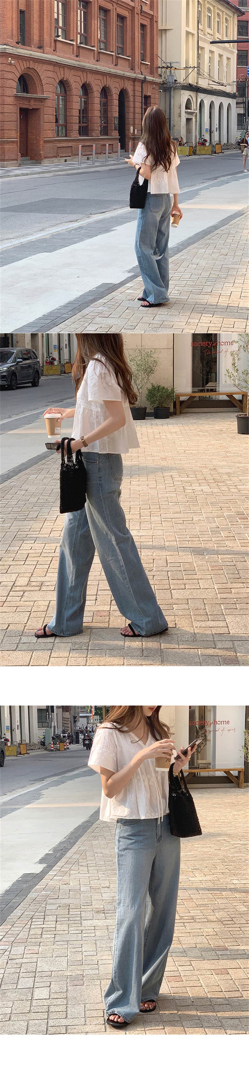 한국 스타일 V넥 루즈핏 달콤함 자수 자수 반팔 풀오버 셔츠 상세 이미지 6