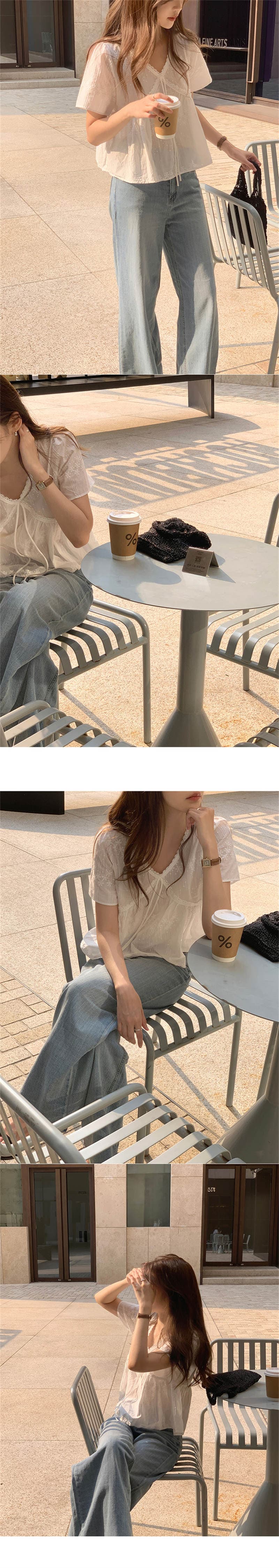 한국 스타일 V넥 루즈핏 달콤함 자수 자수 반팔 풀오버 셔츠 상세 이미지 8