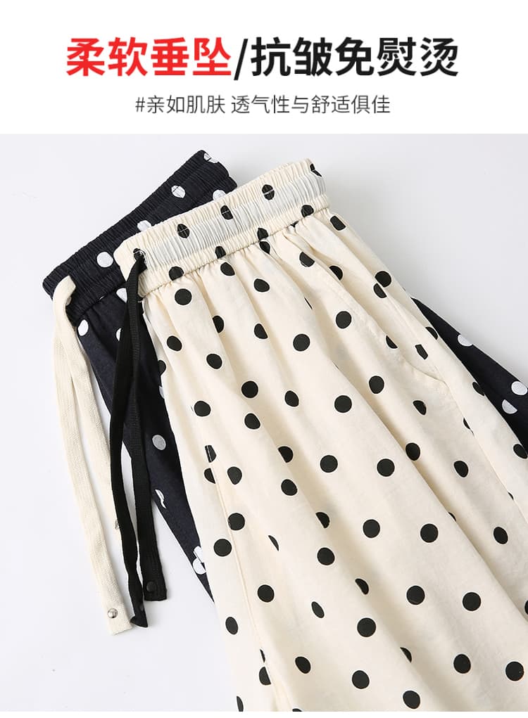 실사 레트로 도트 무늬 캐주얼 바지 여성 루즈핏 여름 얇은 스타일 느긋한 바람 와이드 레그 팬츠 작은 키 9 포인트 면 린넨 바지 상세 이미지 10
