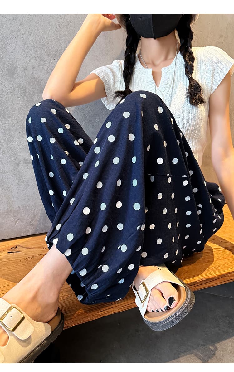 실사 레트로 도트 무늬 캐주얼 바지 여성 루즈핏 여름 얇은 스타일 느긋한 바람 와이드 레그 팬츠 작은 키 9 포인트 면 린넨 바지 상세 이미지 32