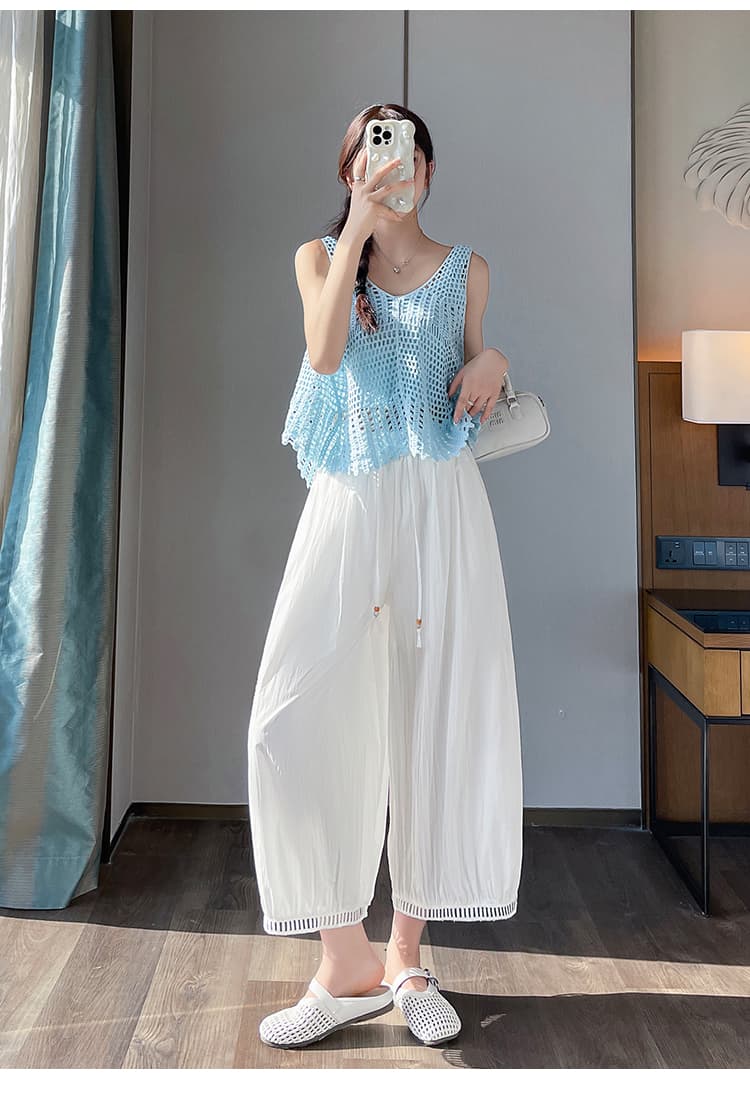 실사 레이스 홀로우 아웃 레이스 넓은 다리 9부 바지 여성 2026 새로운 루즈핏 얇은 스타일 작은 키 자외선 차단 캐주얼 바지 상세 이미지 31