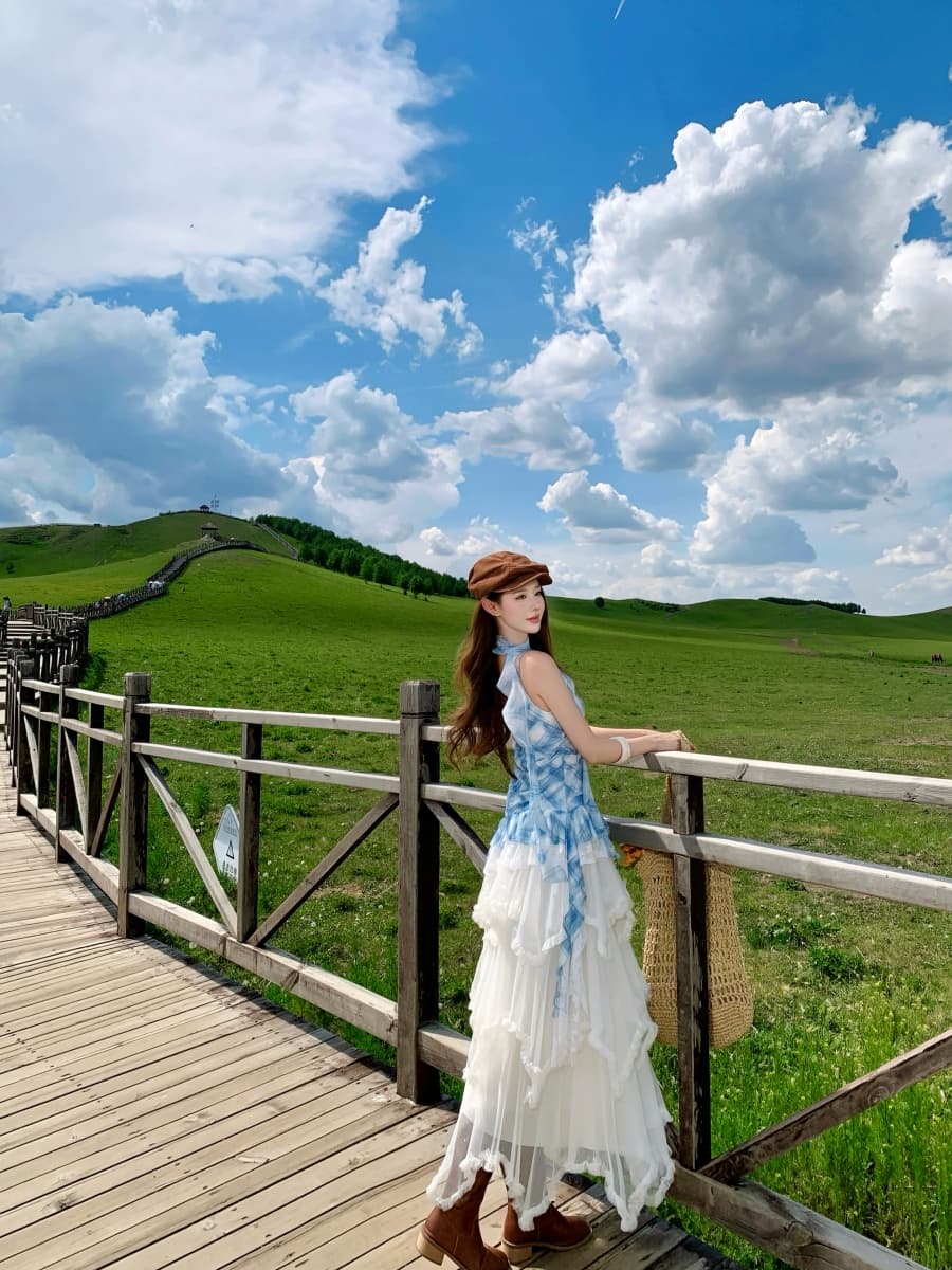 추안 웨스트 신강 운남 초원 착용 가져 가라. 파란색 불규칙 슬립 여성 드레스 여름 화이트 불규칙 케이크 드레스 상세 이미지 9