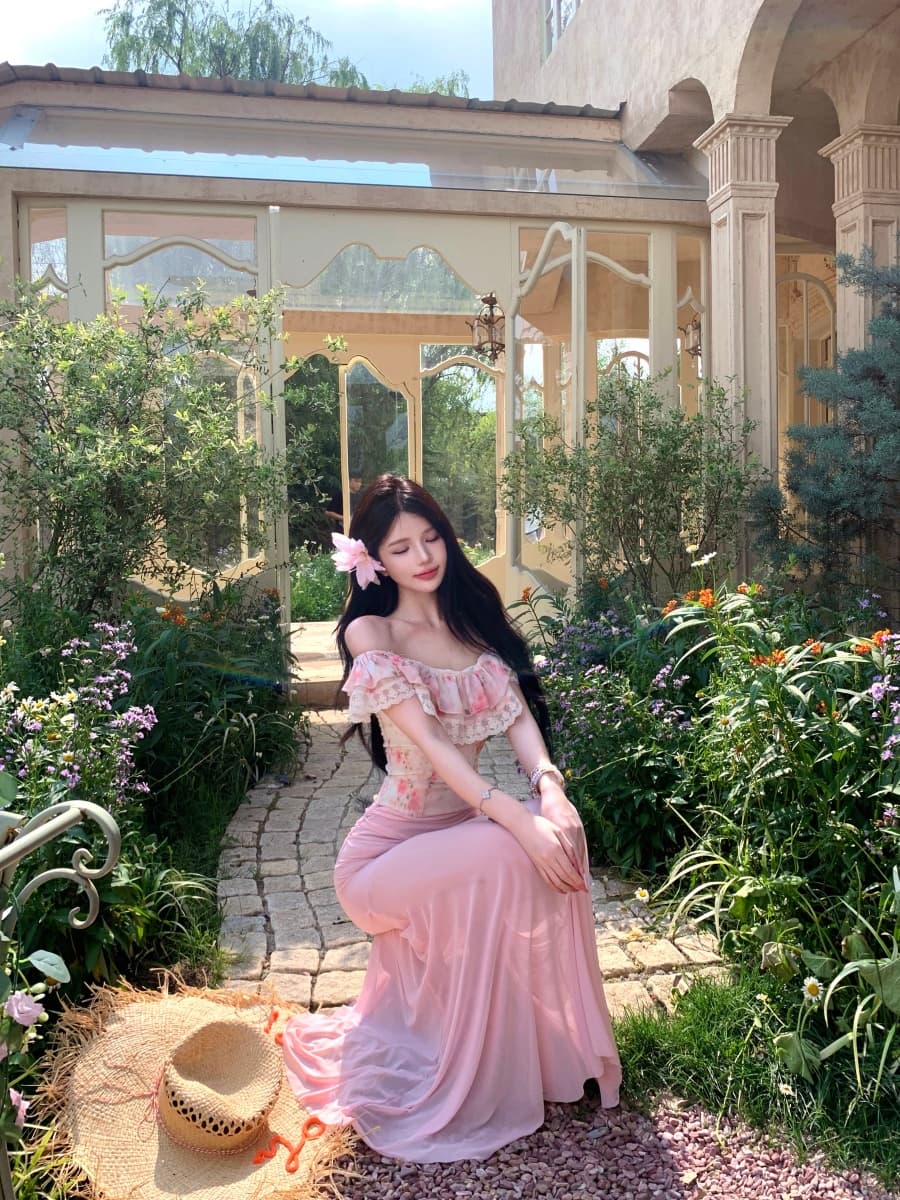 프랑스식 휴가 바람 핑크색 레이스 조각 꽃무늬 오프숄더 맨위 여성 여름 몸매 가꾸기 타이트 스커트 롱 스커트 투피스 세트 상세 이미지 16