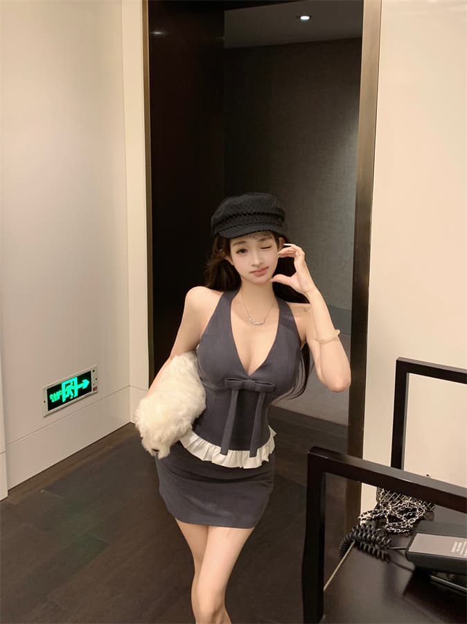 실사 정가 순수한 욕망 고급 센스 세트 핫걸 행침 목 패치워크 맨위 미니 스커트 투피스 세트 상세 이미지 6