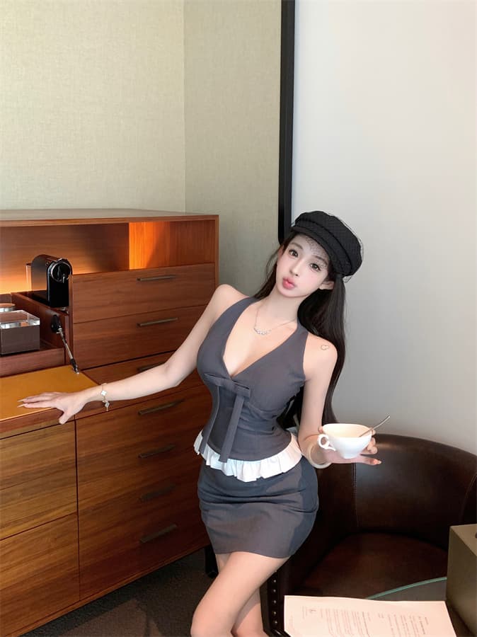 실사 정가 순수한 욕망 고급 센스 세트 핫걸 행침 목 패치워크 맨위 미니 스커트 투피스 세트 상세 이미지 14