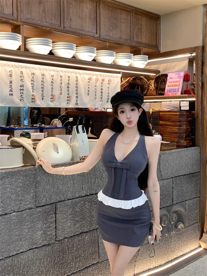 실사 정가 순수한 욕망 고급 센스 세트 핫걸 행침 목 패치워크 맨위 미니 스커트 투피스 세트 상세 이미지 16
