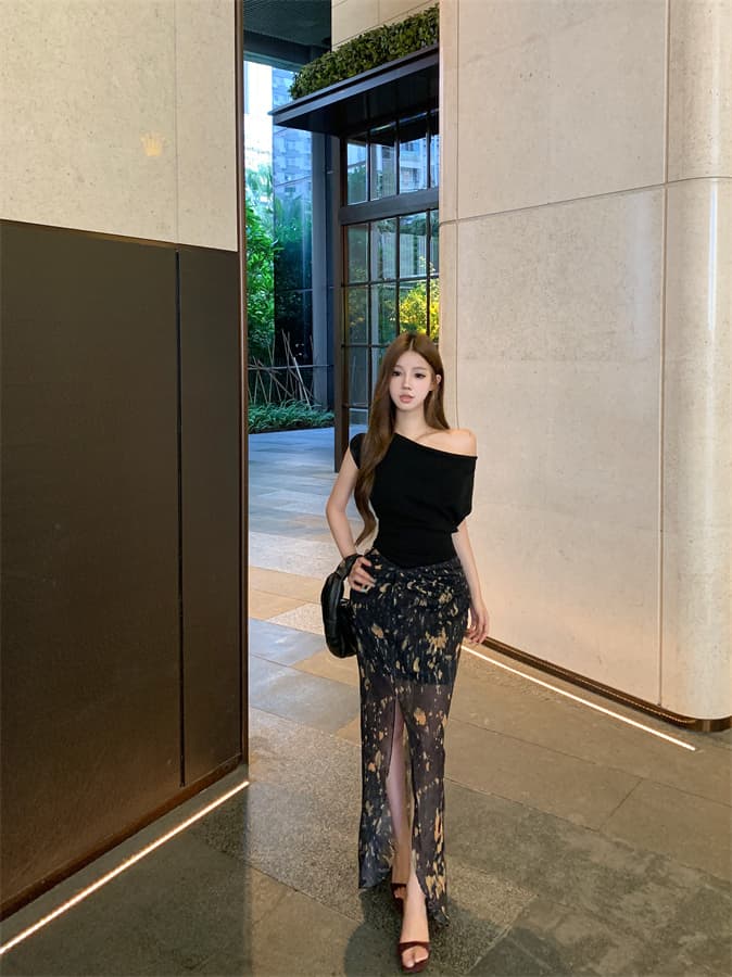 실사 정가 흔들다 칼라 비스듬한 어깨 둘 착용 반팔 맨위 비틀림 트임 무거운 작업 자수 프린트 반 스커트 상세 이미지 2