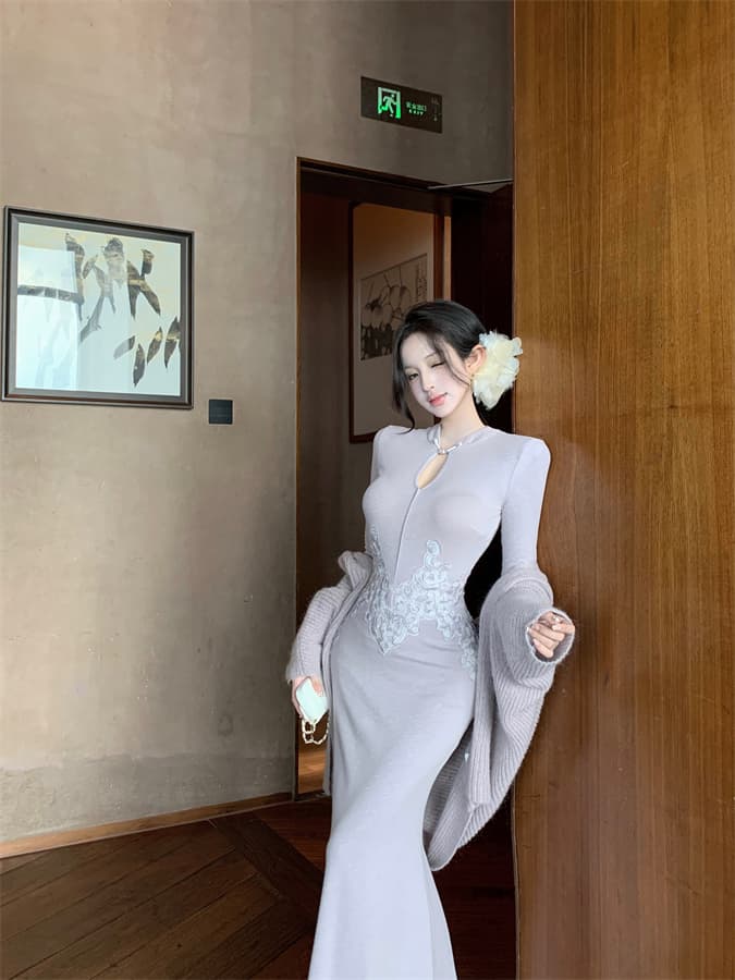 실사 정가 새로운 중식 레트로 단추 치파오 몸매 가꾸기 드레스 부드러운 찹쌀 니트 오픈 가디건 이미지 4