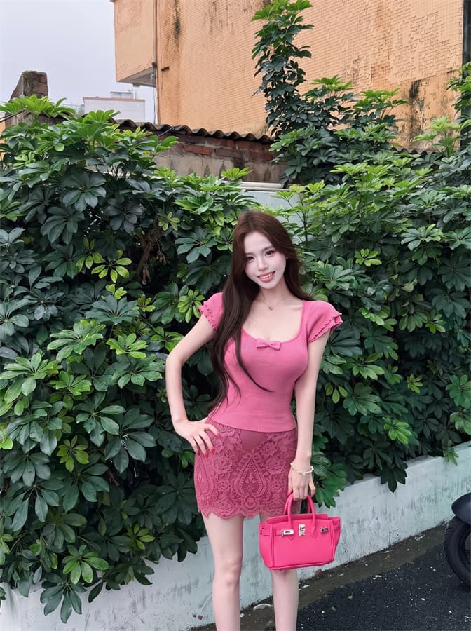 실사 정가 달콤함 소녀 레이스 나비 매듭 니트 맨위 순수한 욕망 레이스 타이트 스커트 반신 치마 세트 상세 이미지 8