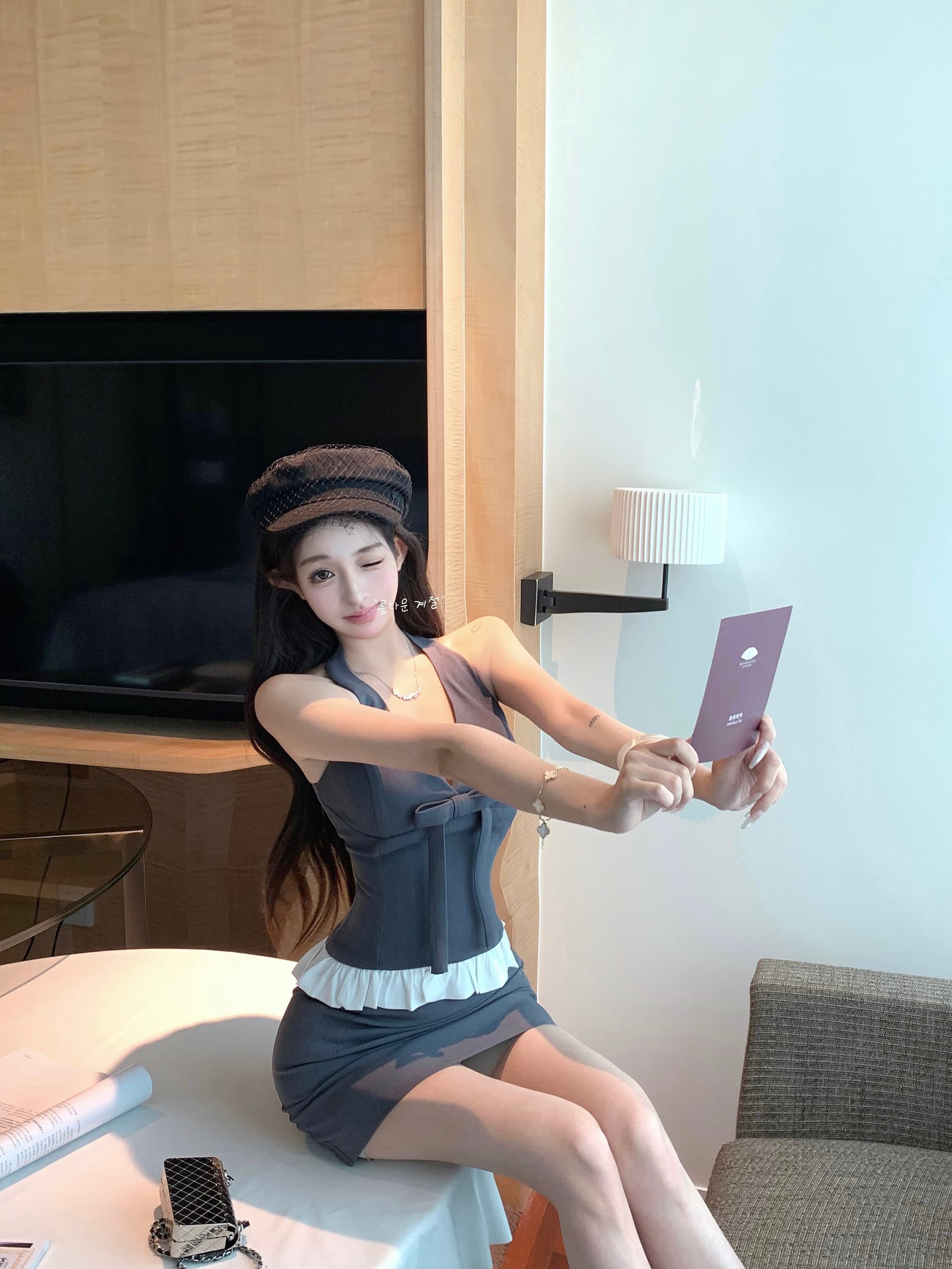 실사 정가 순수한 욕망 고급 센스 세트 핫걸 행침 목 패치워크 맨위 미니 스커트 투피스 세트 이미지 3