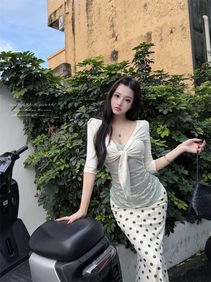 실사 정가 순수한 욕망 레이스 슬립 작은 열림 셔츠 프랑스식 도트 무늬 허리 수축 타이트 스커트 반 스커트 세트 이미지 2