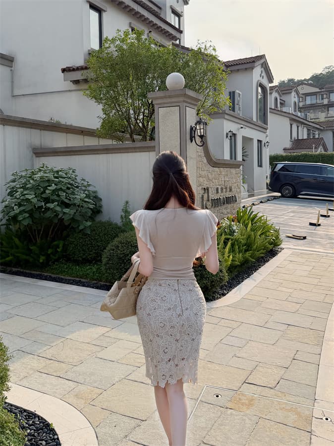 실사 정가 오동 꽃 오래된 언어 V넥 맨위 홀로우 아웃 꽃 반신 치마 세트 상세 이미지 16