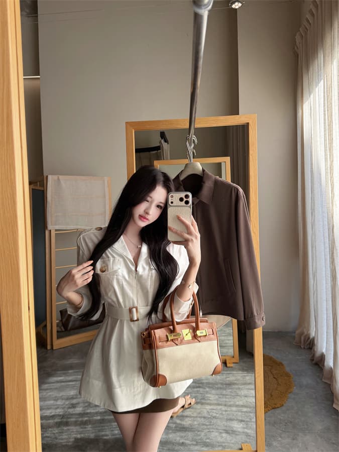 실사 정가 느슨함 센스 오래된 돈 아마 셔츠 점프 슈트 치마 품격 긴팔 미니 스커트 상세 이미지 5