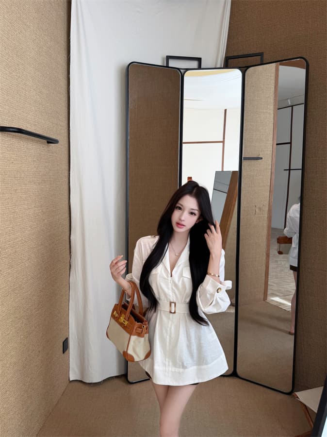 실사 정가 느슨함 센스 오래된 돈 아마 셔츠 점프 슈트 치마 품격 긴팔 미니 스커트 상세 이미지 10