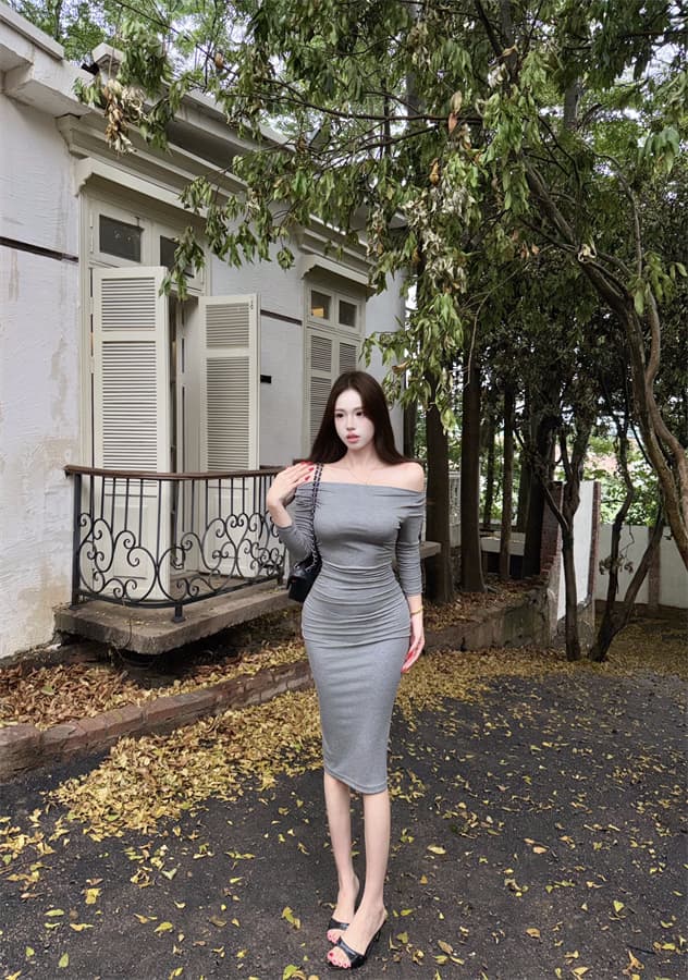 실사 정가 새로운 오프숄더 비스듬한 칼라 몸매 가꾸기 슬림해 보이는 긴팔 타이트 스커트 드레스 상세 이미지 17