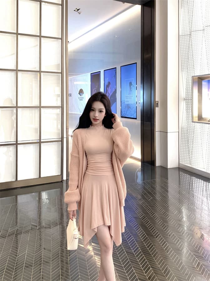 실사 정가 따뜻한 조정 시간 반하이넥 민소매 허리 수축 맨위 여성 도루 센스 하이웨이스트 반신 스커트 이른 가을 세트 상세 이미지 3