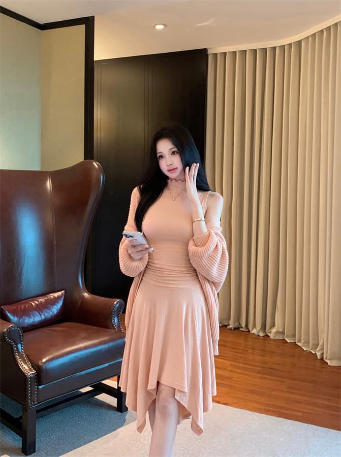 실사 정가 따뜻한 조정 시간 반하이넥 민소매 허리 수축 맨위 여성 도루 센스 하이웨이스트 반신 스커트 이른 가을 세트 상세 이미지 5