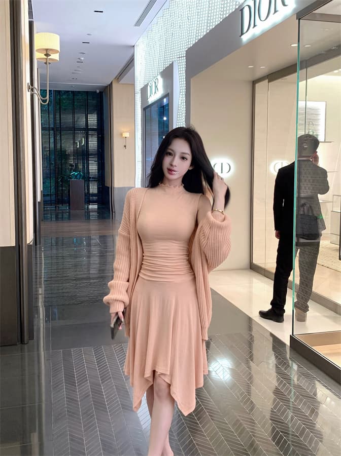 실사 정가 따뜻한 조정 시간 반하이넥 민소매 허리 수축 맨위 여성 도루 센스 하이웨이스트 반신 스커트 이른 가을 세트 상세 이미지 6
