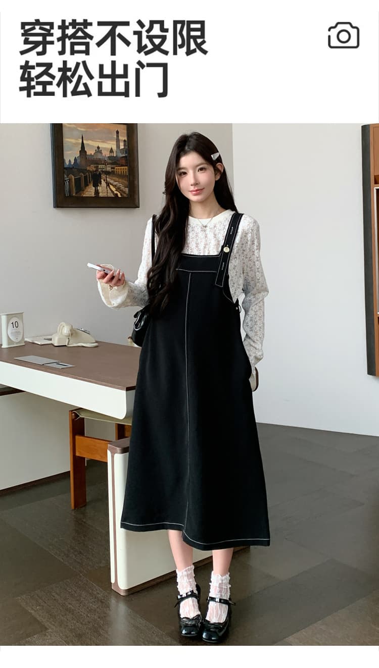 실사 2026 봄 레이스 긴팔 만나는 루즈핏 슬림해 보이는 멜빵 바지 임산부 투피스 세트 세트 상세 이미지 3