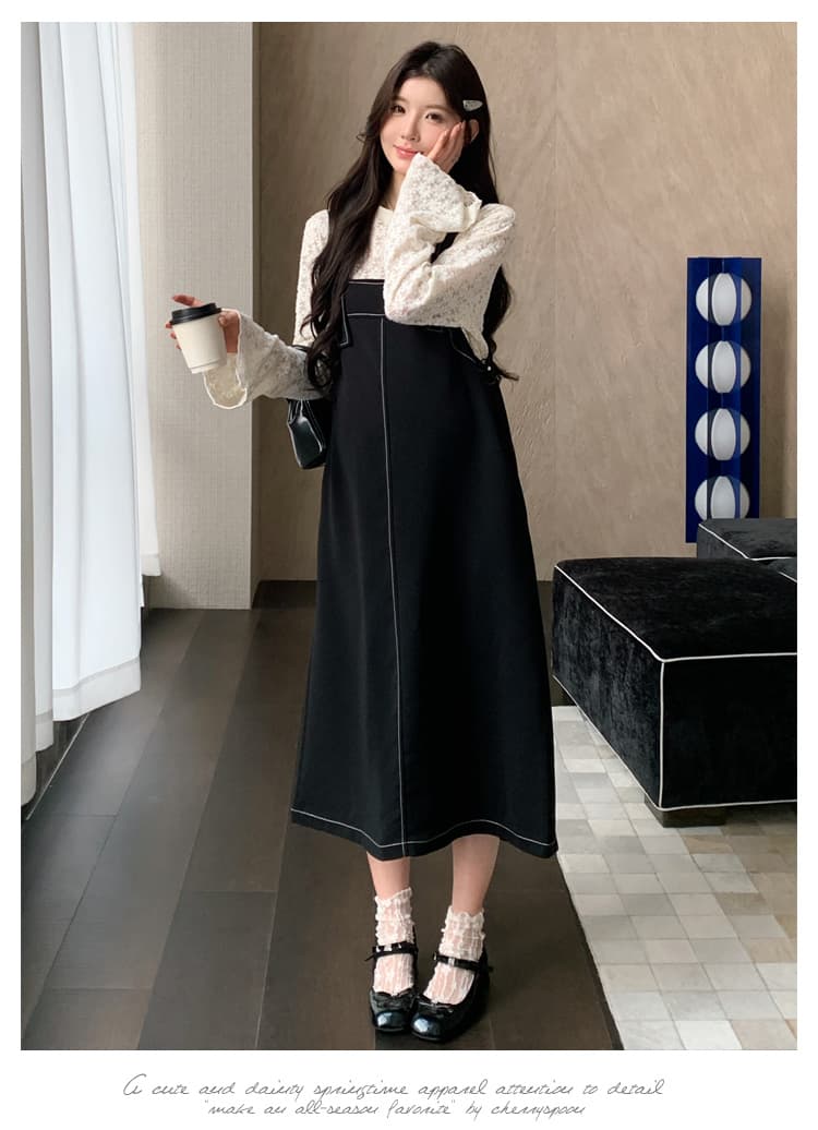 실사 2026 봄 레이스 긴팔 만나는 루즈핏 슬림해 보이는 멜빵 바지 임산부 투피스 세트 세트 상세 이미지 10