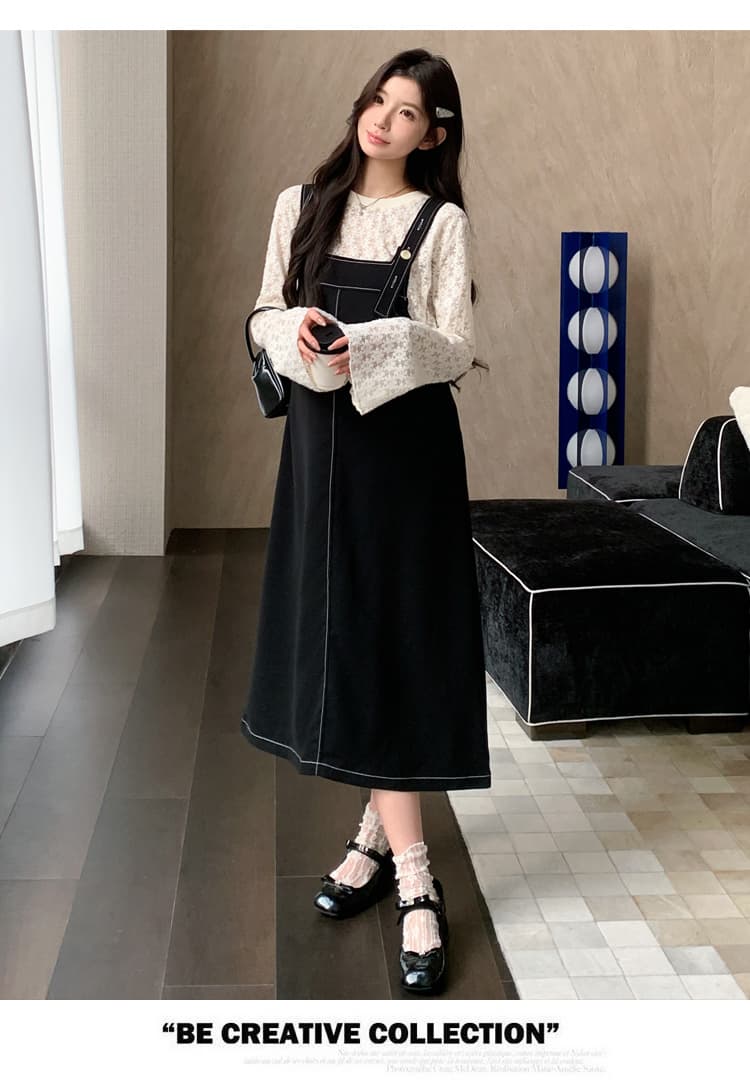 실사 2026 봄 레이스 긴팔 만나는 루즈핏 슬림해 보이는 멜빵 바지 임산부 투피스 세트 세트 상세 이미지 12