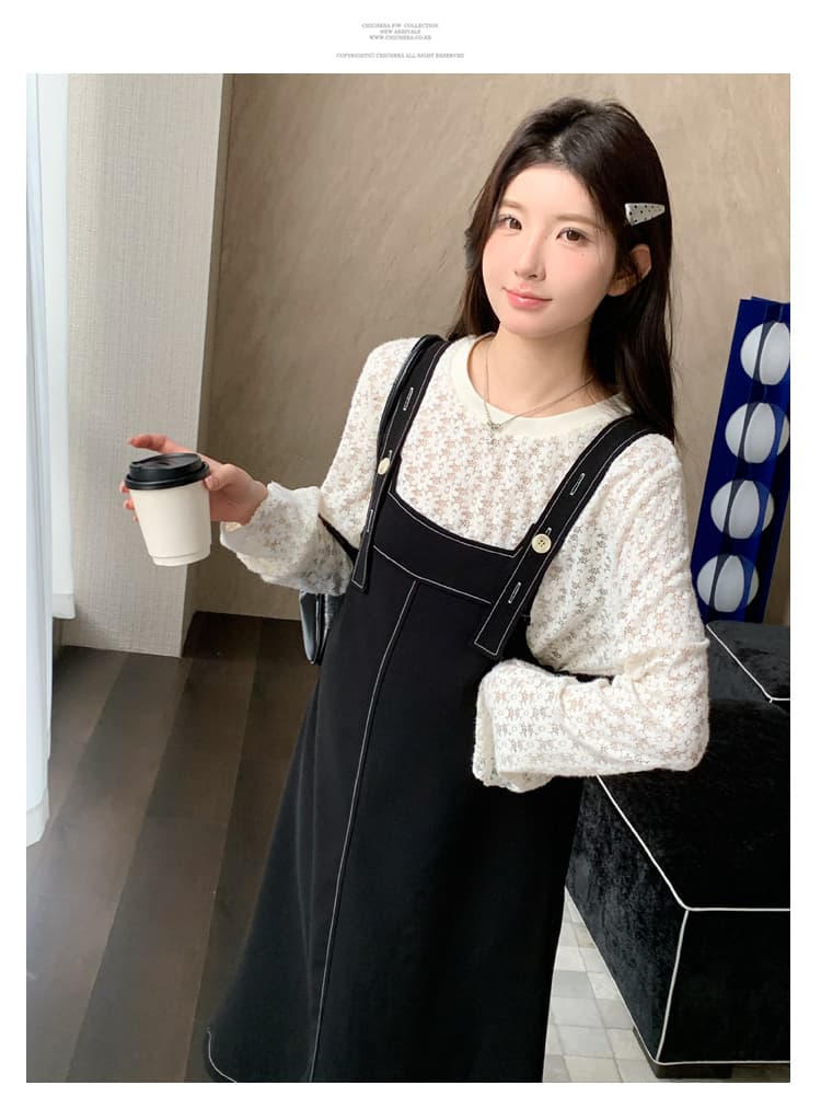 실사 2026 봄 레이스 긴팔 만나는 루즈핏 슬림해 보이는 멜빵 바지 임산부 투피스 세트 세트 상세 이미지 13