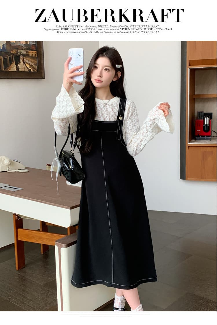 실사 2026 봄 레이스 긴팔 만나는 루즈핏 슬림해 보이는 멜빵 바지 임산부 투피스 세트 세트 상세 이미지 21