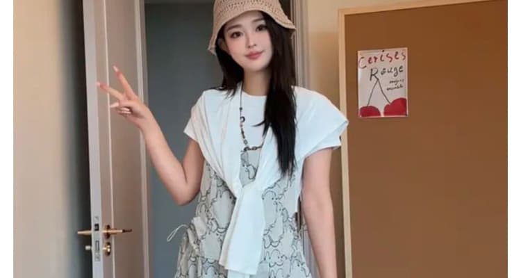 2026 여름 신제품 반팔 니트 숄 멜빵 바지 슬림해 보이는 패션 오래된 돈 자카드 임산부 멜빵 세트 상세 이미지 22
