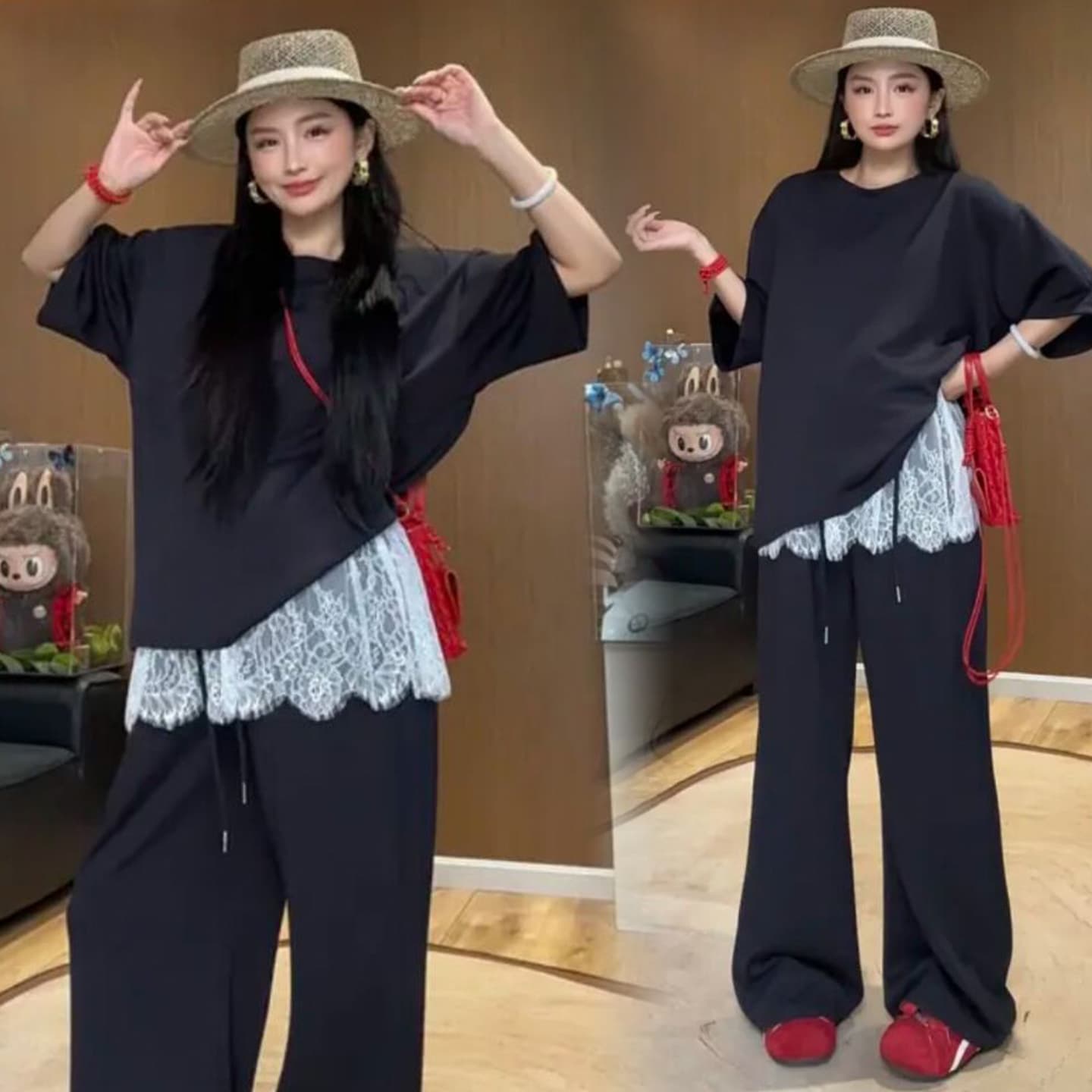 지금 2026 여름 새로운 루즈핏 반팔 t+ 디자인 센스 레이스 랩스커트팬츠 와이드 레그 팬츠 투피스 세트 세트