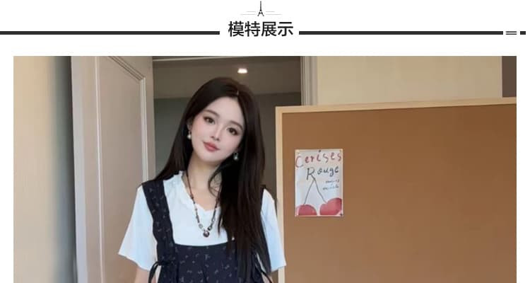 2026 여름 신제품 니트 반팔 멜빵 바지 멜빵 바지 임산부 꽃무늬 루즈핏 슬림해 보이는 투피스 세트 상세 이미지 20