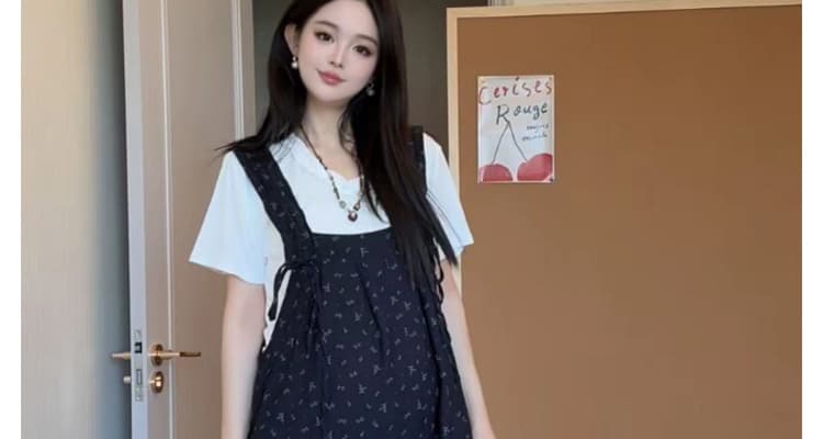 2026 여름 신제품 니트 반팔 멜빵 바지 멜빵 바지 임산부 꽃무늬 루즈핏 슬림해 보이는 투피스 세트 상세 이미지 23