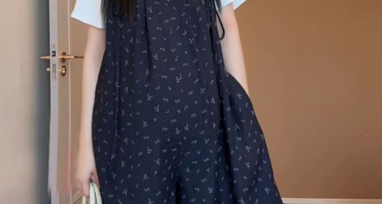2026 여름 신제품 니트 반팔 멜빵 바지 멜빵 바지 임산부 꽃무늬 루즈핏 슬림해 보이는 투피스 세트 상세 이미지 37