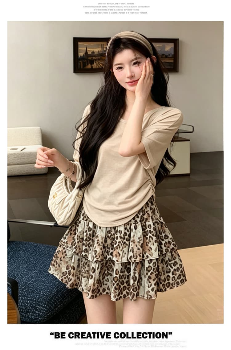 지금 2026 여름 신제품 만화 반팔 t+ 레오파드 무늬 케이크 드레스 임산부 패션 슬림해 보이는 투피스 세트 세트 상세 이미지 11