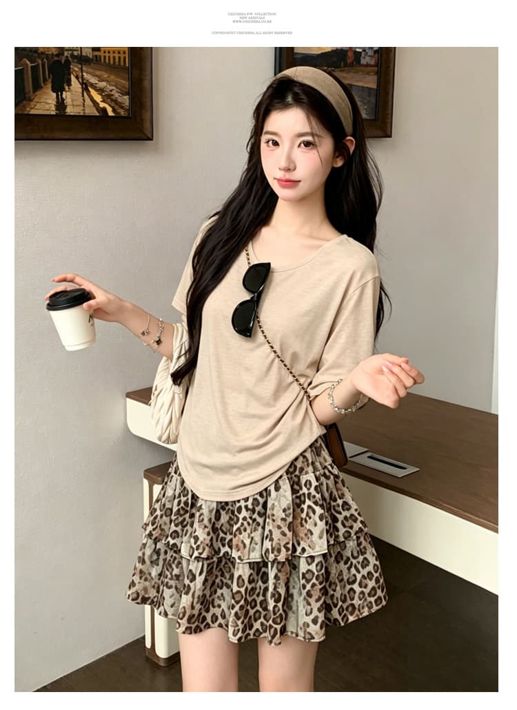 지금 2026 여름 신제품 만화 반팔 t+ 레오파드 무늬 케이크 드레스 임산부 패션 슬림해 보이는 투피스 세트 세트 상세 이미지 12