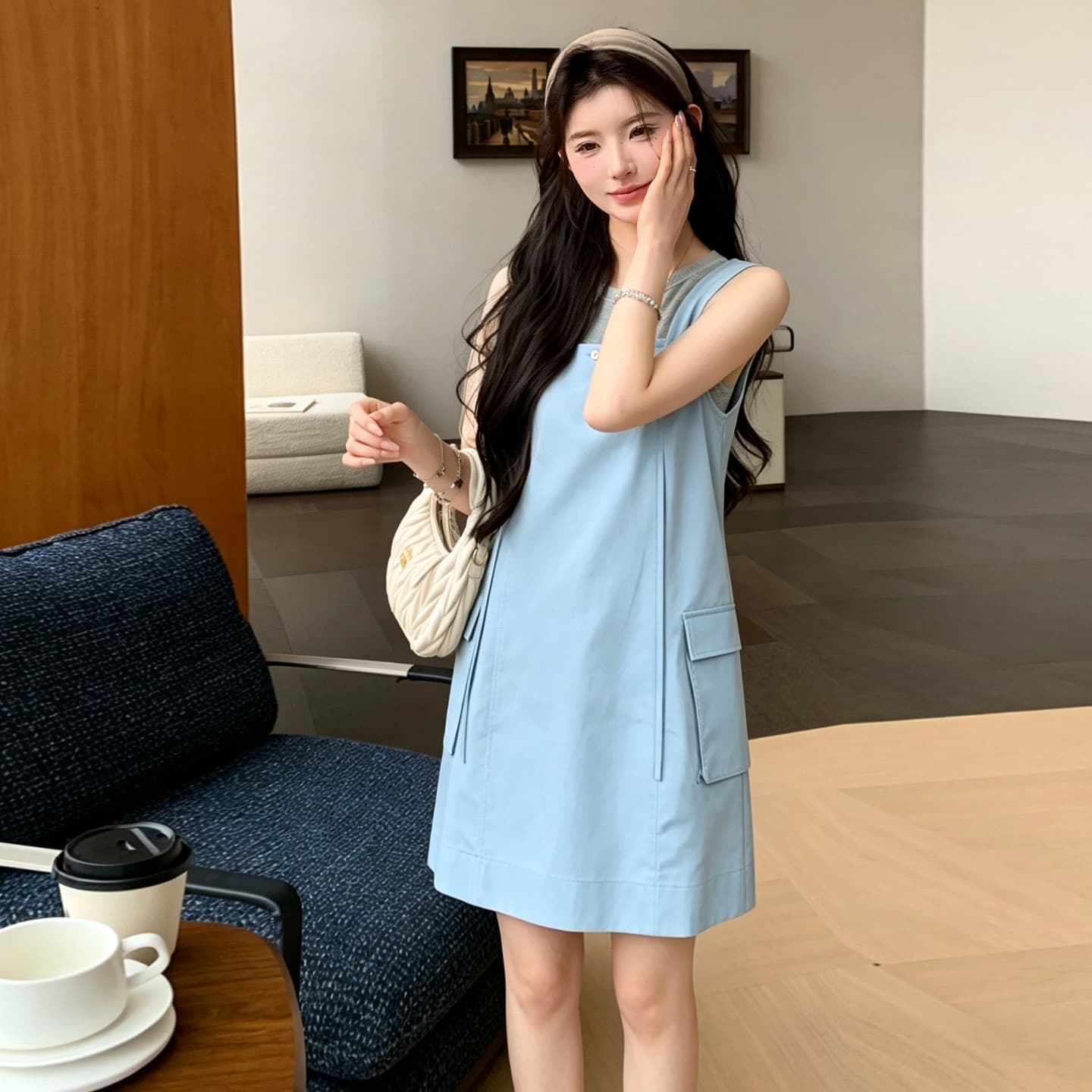 지금 2026 여름 신제품 니트 조끼 맨위 워크웨어 순면 멜빵 스커트 루즈핏 슬림해 보이는 임산부 세트 상세 이미지 24