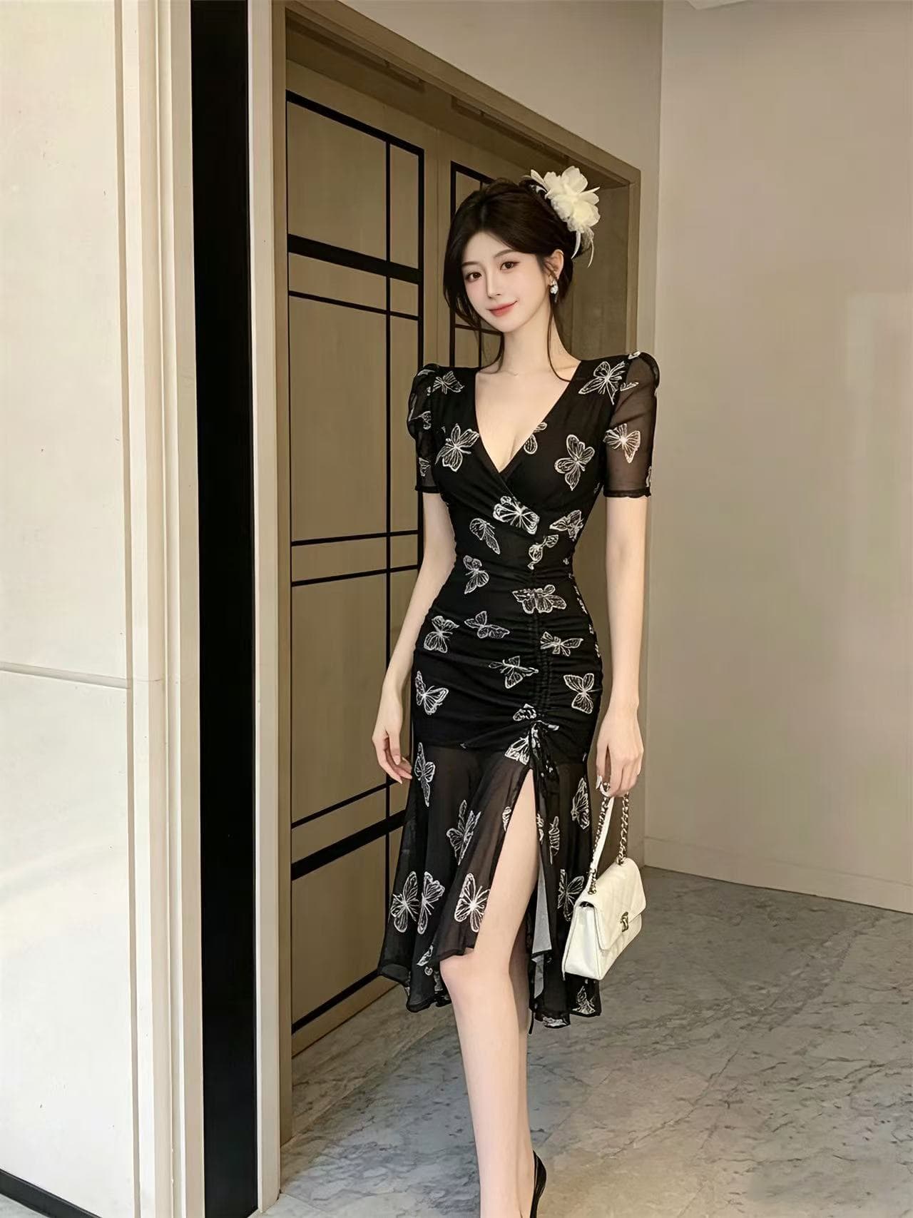패션 망사 프린트 펌프 로프 허리 수축 프릴 드레스 상세 이미지 8