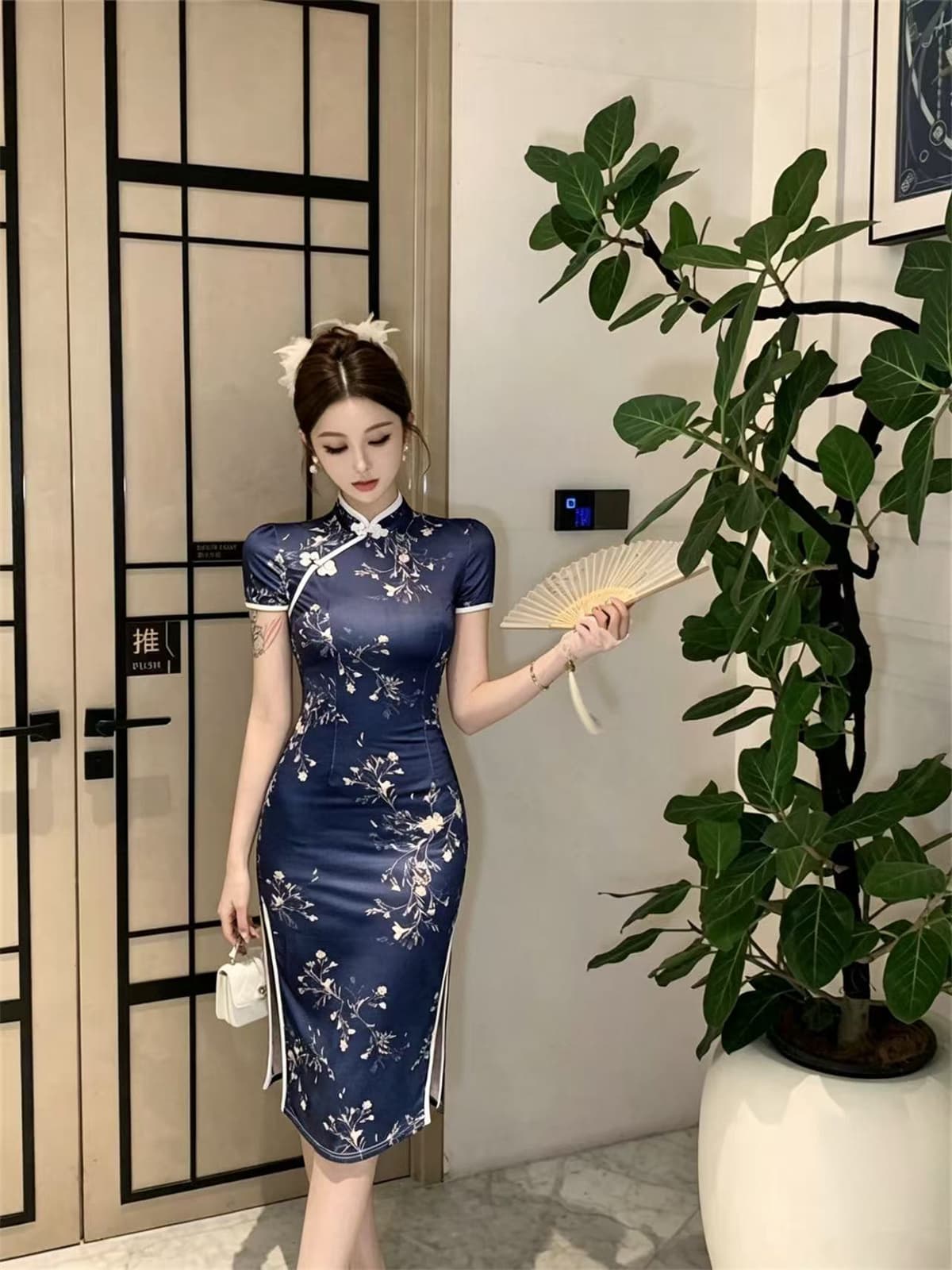 패션 품격 높음 트임 프린트 허리 수축 슬림해 보이는 드레스